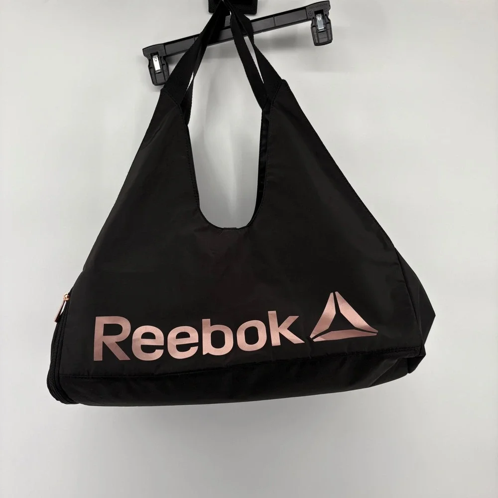 Reebok Women's Training Gym Bag Tote Travel Black Rose‎ Gold Logo Zip Closure